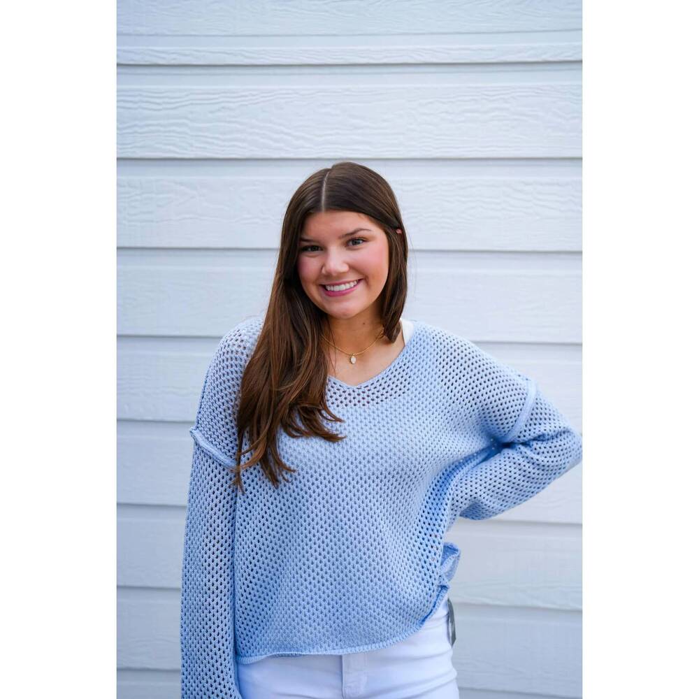 NEW DOE AND RAE fishnet sweater in powder blue